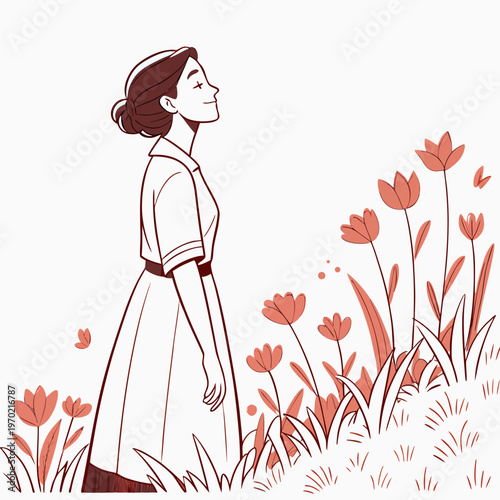 A stylized illustration depicts a nurse in profile gazing upwards towards a vibrant cluster of reddish orange flowers high quality