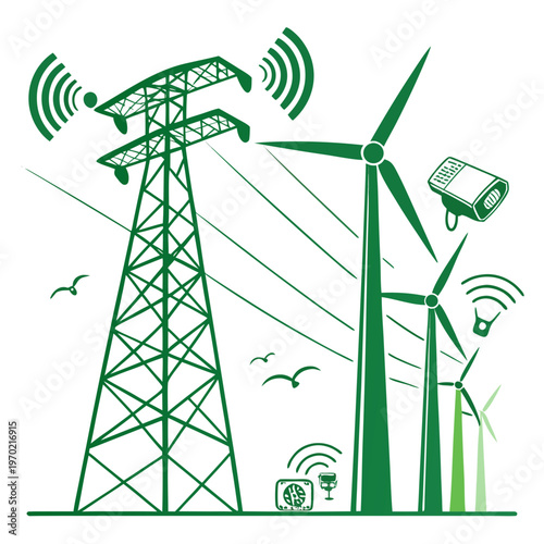 A minimalist illustration showcases green power infrastructure including wind turbines transmission towers and smart grid technology high quality professional detailed