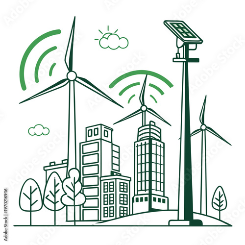 A stylized green illustration depicts a modern cityscape powered by renewable energy sources like wind turbines and solar panels