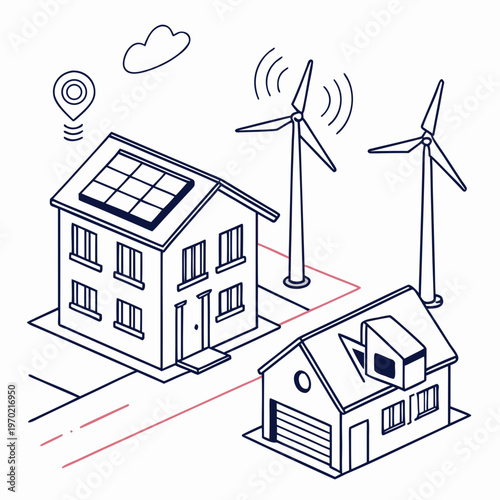 This illustration depicts a sustainable community with houses solar panels wind turbines and wireless connection symbols high quality professional detailed