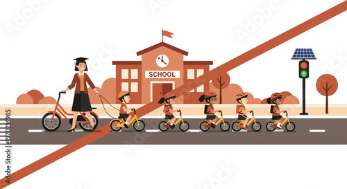 A cheerful teacher wearing a graduation cap leads a group of young students on yellow bicycles past a school building under a bright autumn sky.