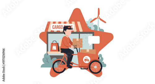 A professional delivery person wearing a red shirt and cap rides a loaded cargo bicycle past a storefront featuring wind turbines and green trees.