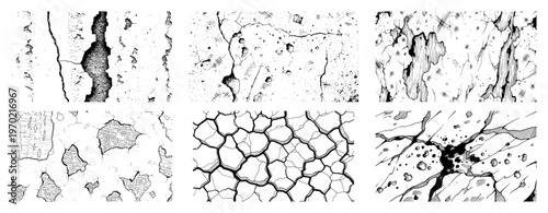 Collection of six vintage woodcut engraving style cracked wall and stone textures