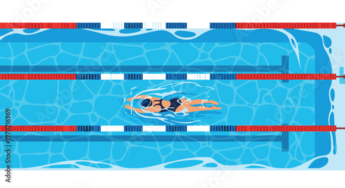 An overhead view of a female swimmer performing backstroke in a blue swimming pool with colored lane ropes.