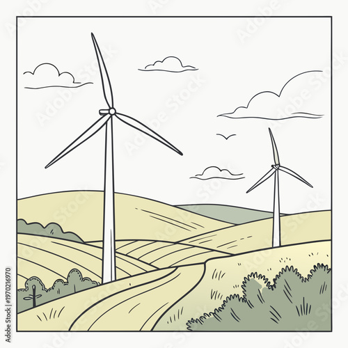 A simplistic illustration depicts a rolling landscape with two wind turbines fluffy clouds and a winding dirt path high quality