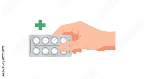 A detailed human hand holds a silver metallic blister pack filled with ten white medicinal tablets near a small green medical cross icon on white space.