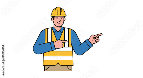 A cheerful male construction worker wearing a bright yellow safety vest and matching hard hat points his fingers toward the right on a white background.