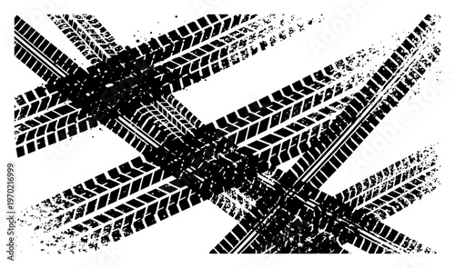 Grungy tire tracks and overlapping tread marks on white background