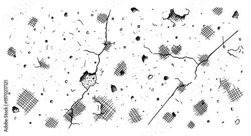 Detailed distressed surface with cracks and cross hatched textures in woodcut style