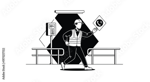 A determined construction worker wearing a protective hard hat and safety vest runs through a high-contrast black and white industrial environment with geometric shapes.