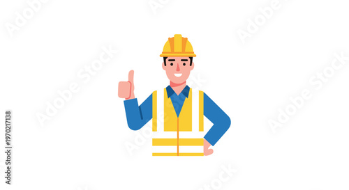 A friendly male construction worker wearing a reflective yellow safety vest and hard hat gives a confident thumbs up gesture against a white background.