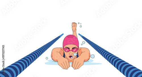 A female swimmer in a pink cap and goggles performs a crawl stroke, looking forward between two blue lane ropes.