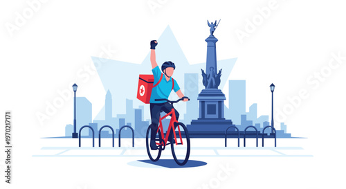 A triumphant food delivery rider on a red bicycle raises a fist in celebration against a backdrop of a blue city monument and a detailed urban skyline.
