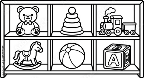 Baby toys on wooden shelf with teddy bear and train