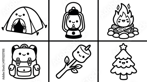 Cute camping tent lantern campfire backpack marshmallow tree vector art