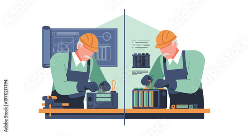 Two skilled technicians wearing orange hard hats and green shirts meticulously assemble complex electronic components at a shared industrial workbench.
