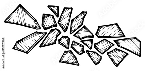 Collection of broken glass shards and sharp fragments in woodcut style