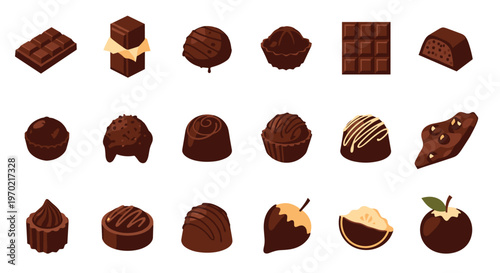 A diverse collection of eighteen individual chocolate candies and bars are neatly arranged in rows on a white background.