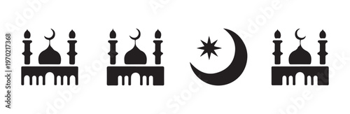 Set of black mosque and moon star icons isolated on white background symbol