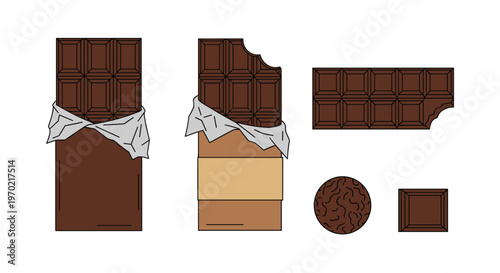 Various chocolate bars and pieces are arranged neatly on a clean white surface.