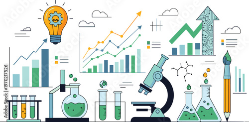 science research and business growth illustration, data analytics charts laboratory equipment, innovation idea concept, modern flat vector design elements