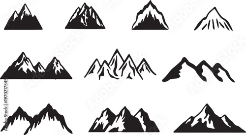 Mountain icon logo vector illustration for adventure outdoor sport graphic design.  Black stone and landscape drawing vintage for climbing or hiking sport concept.