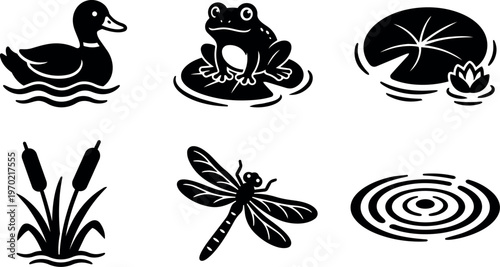 Black and white wetland animals and plants vector icons