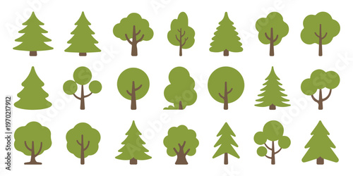 Collection of simple tree icons green stylized shapes forest elements for design projects vector set nature art