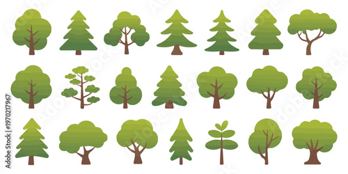 Assortment of green tree icons stylized shapes forest elements for design projects vector set nature illustration