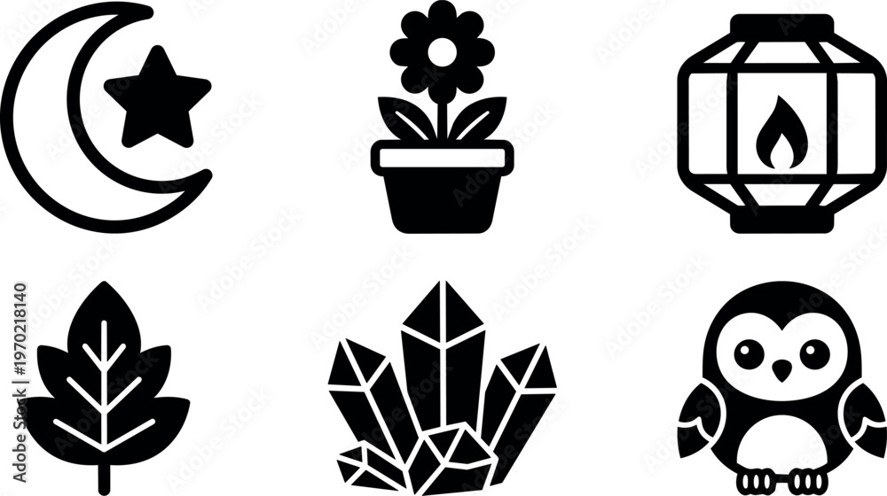 Fototapeta premium Black and white vector icons moon star flower leaf lamp crystals owl
