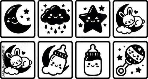Cute black and white sleeping bunny moon star cloud baby icons set