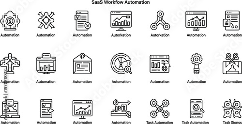 SaaS workflow automation line icon set featuring business process analytics integration technology outline vector collection