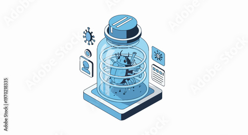 Isometric Illustration of a Software Bug Trapped in a Jar, Representing Malware Containment, Cybersecurity Debugging, and Digital Virus Protection in a Clean Vector Style