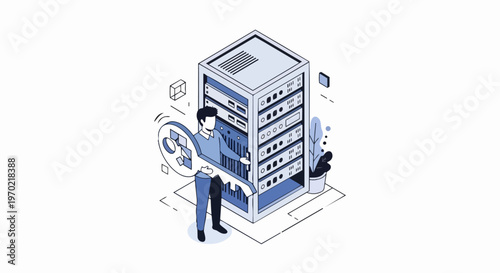 Isometric Cybersecurity Illustration of a Person Holding a Large Key Next to a Data Server Rack for Security and Access Concepts