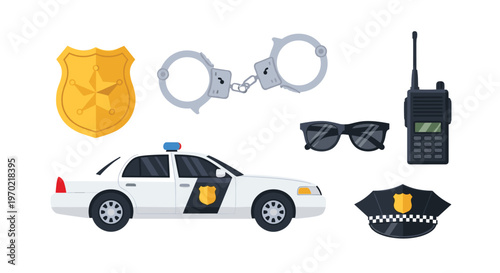 Various police items including a badge, handcuffs, sunglasses, walkie-talkie, police car, and hat are displayed.