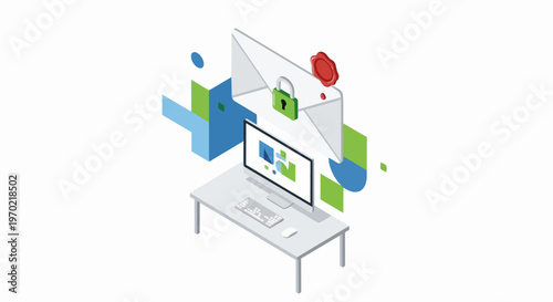 Isometric Email Security Concept with Locked Envelope and Professional Computer Workstation