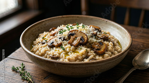 Rustic creamy mushroom risotto with roasted champignons, parmesan cheese, and fresh thyme on a handmade ceramic bowl and dark wood table, 45-degree food photography, dense composition.