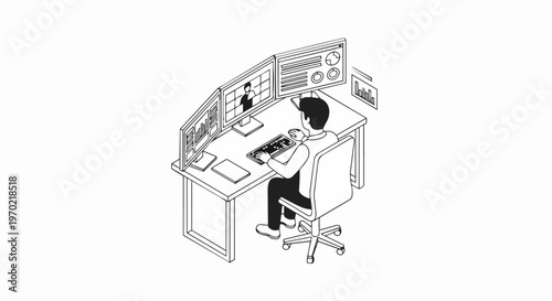 Isometric Man Working on Multi-Monitor Desk Setup with Data Analytics and Video Conference, Minimalist Line Art Professional Office Workspace Illustration