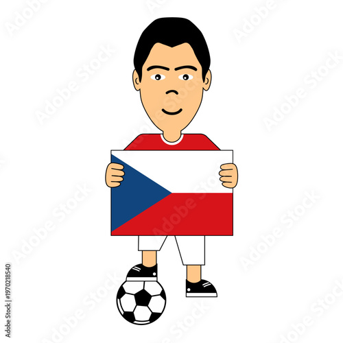 Vector illustration of a young boy holding the Czech national flag, dressed in casual clothing and standing with a soccer ball, symbolizing the Czech Republic, football passion, and national pride