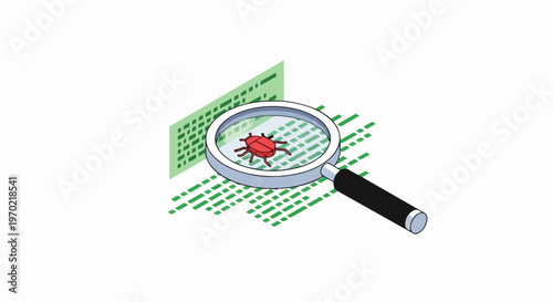 Software Debugging Isometric Illustration with Magnifying Glass and Red Bug on Digital Code