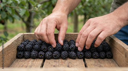 Two hands arranging fresh blackberries in wooden crate