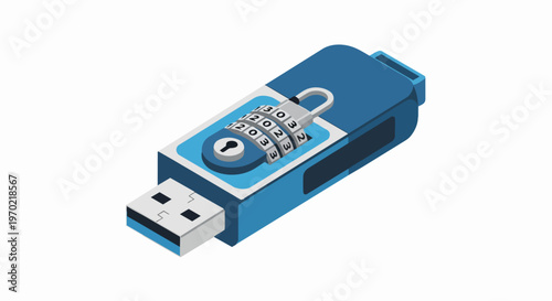 Isometric USB Flash Drive with Combination Lock for Data Security and Encryption Concept