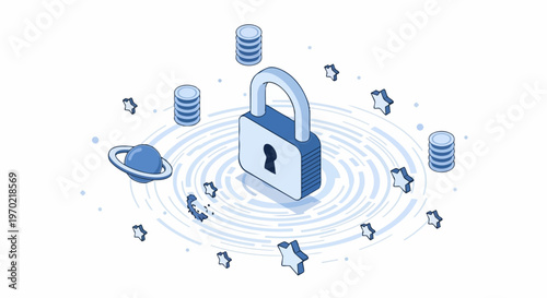 Isometric Cybersecurity Illustration with Padlock, Coins, and Stars: Data Protection and Cryptocurrency Security Concept