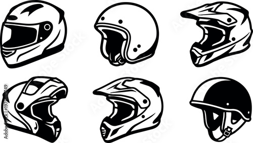 Six motorcycle helmets with different styles and visors