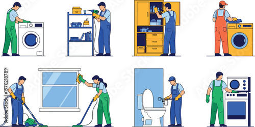 Cleaning Service Set with Laundry, Vacuuming, Window Washing, Toilet Cleaning, and Organizing Household Items for Professional Home Care