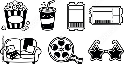 Black and white movie night popcorn soda tickets sofa film reel star sunglasses vector art
