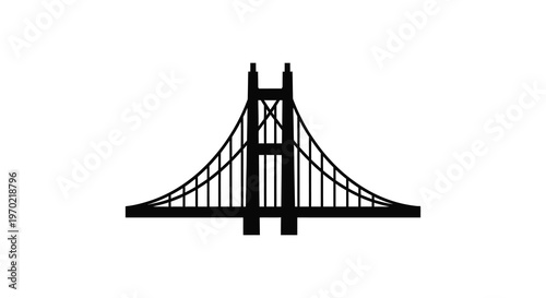 A stark black graphic depicts a suspension bridge with iconic towers and cables presented as a silhouette