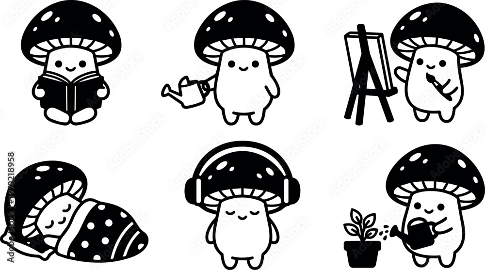 Fototapeta premium Cute black and white mushroom characters reading painting and gardening vector art