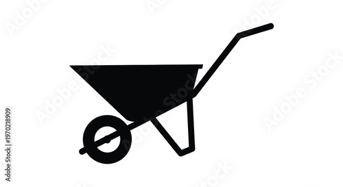 A stark black silhouette depicts a classic wheelbarrow showcasing a common garden tool in outline form silhouette
