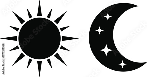 Sun and crescent moon silhouette icons, day and night symbols, celestial elements vector illustration, minimalist black design, isolated on light background for modern use